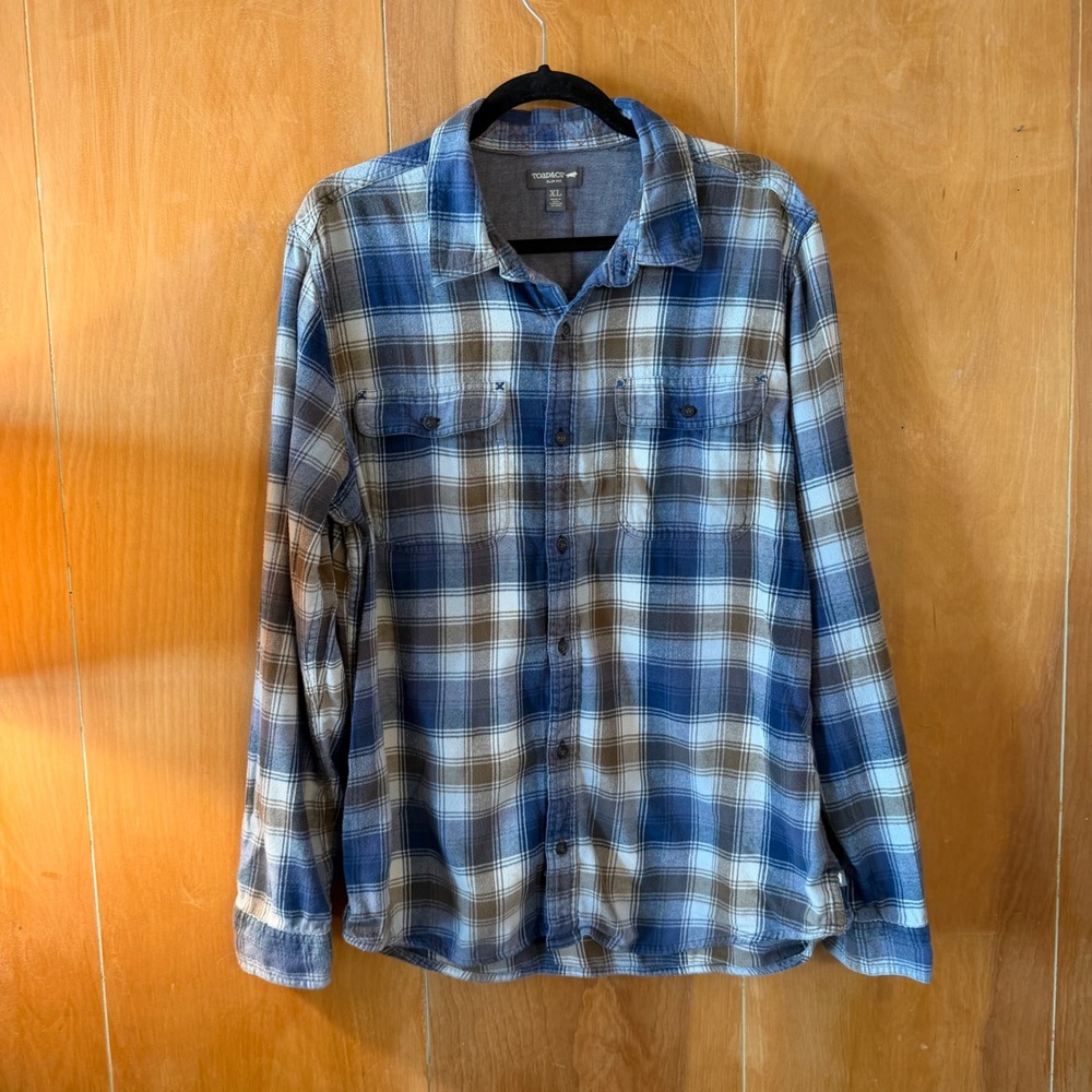 Toad&Co Mens XL Slim Fit Organic Cotton Plaid Flannel Shirt Blue Brown LS